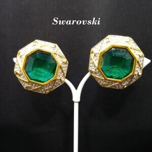 Swarovski Green Octagon Crystal Earrings, Clip On, Gold Plated, Swan Logo